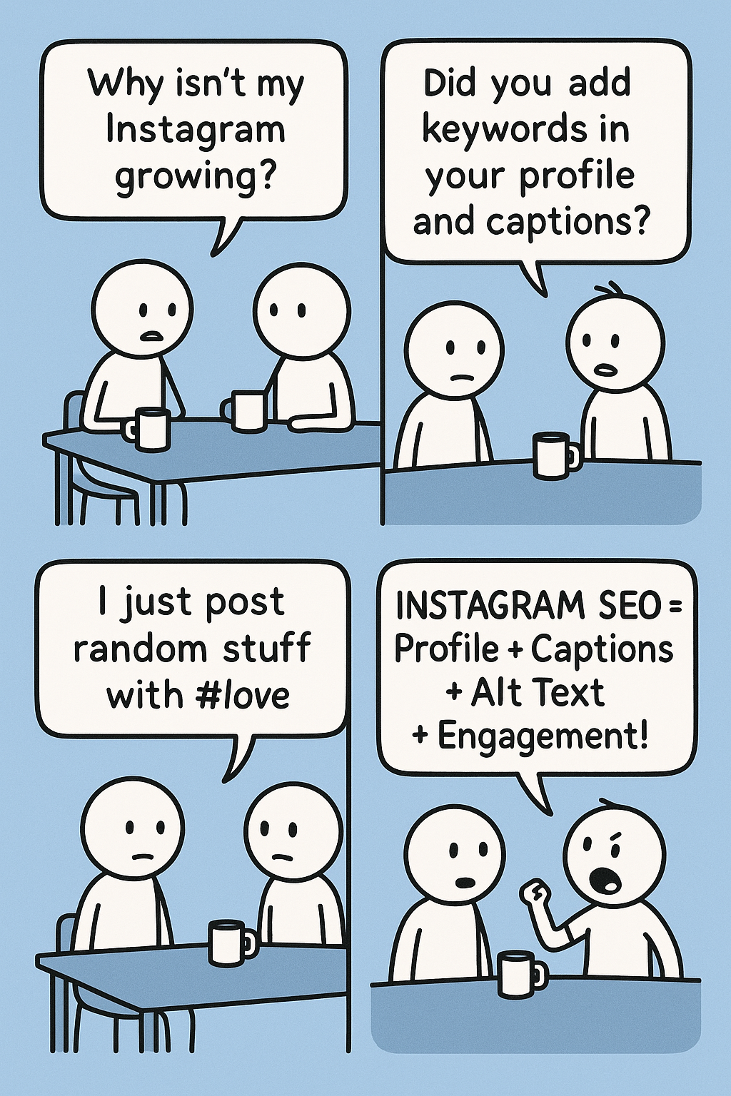 Click to preview Minimal 4-panel comic strip of two stick figures discussing Instagram SEO tips at a desk with coffee cups. Dialogue highlights adding keywords in profile, captions, alt text, and engagement for growth