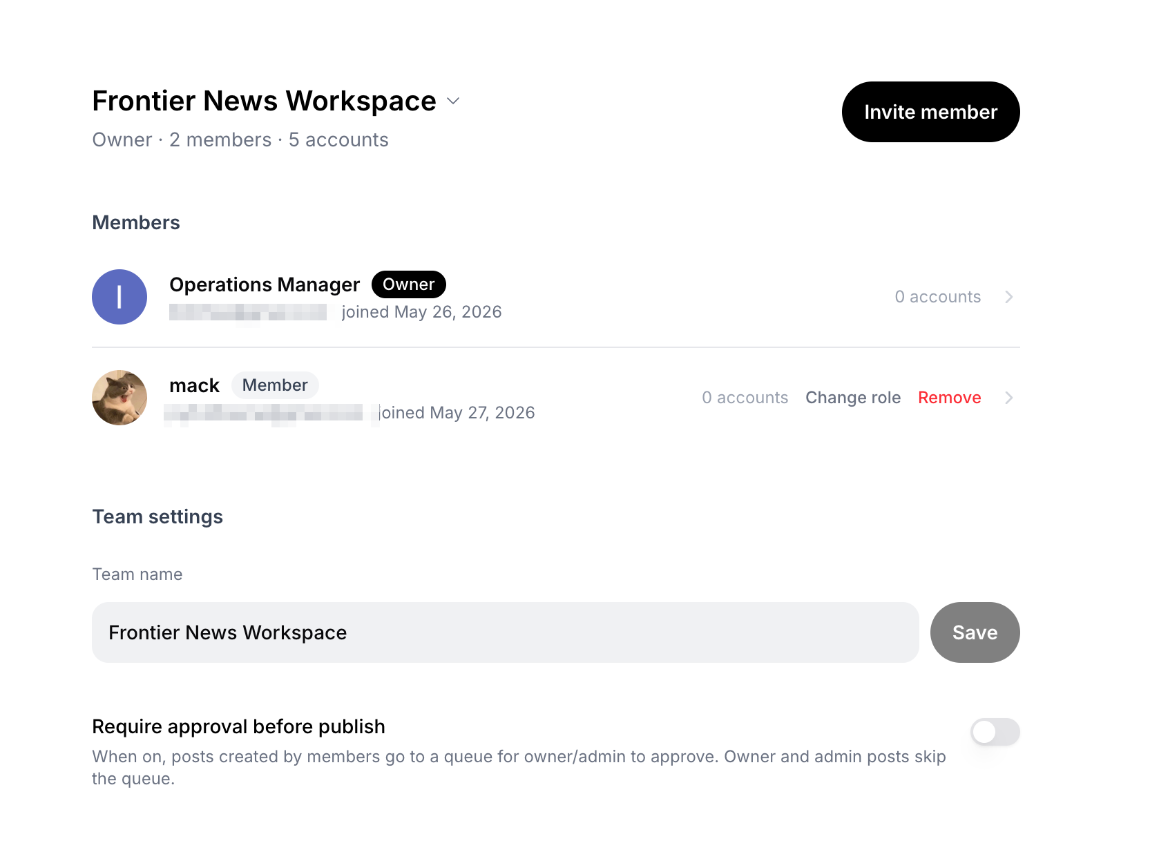 Settings → Team. Flip 'Require approval before publish' on or off in one click. Members, accounts, and the team name all live on this page.