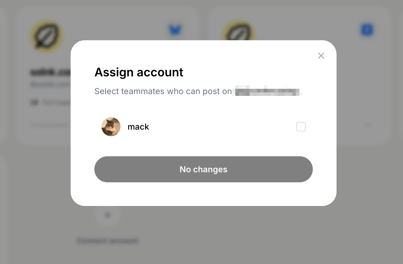 Assigning an account from the ⋯ menu on the Accounts card — once you tick a teammate, that account becomes visible only to them and to admins.