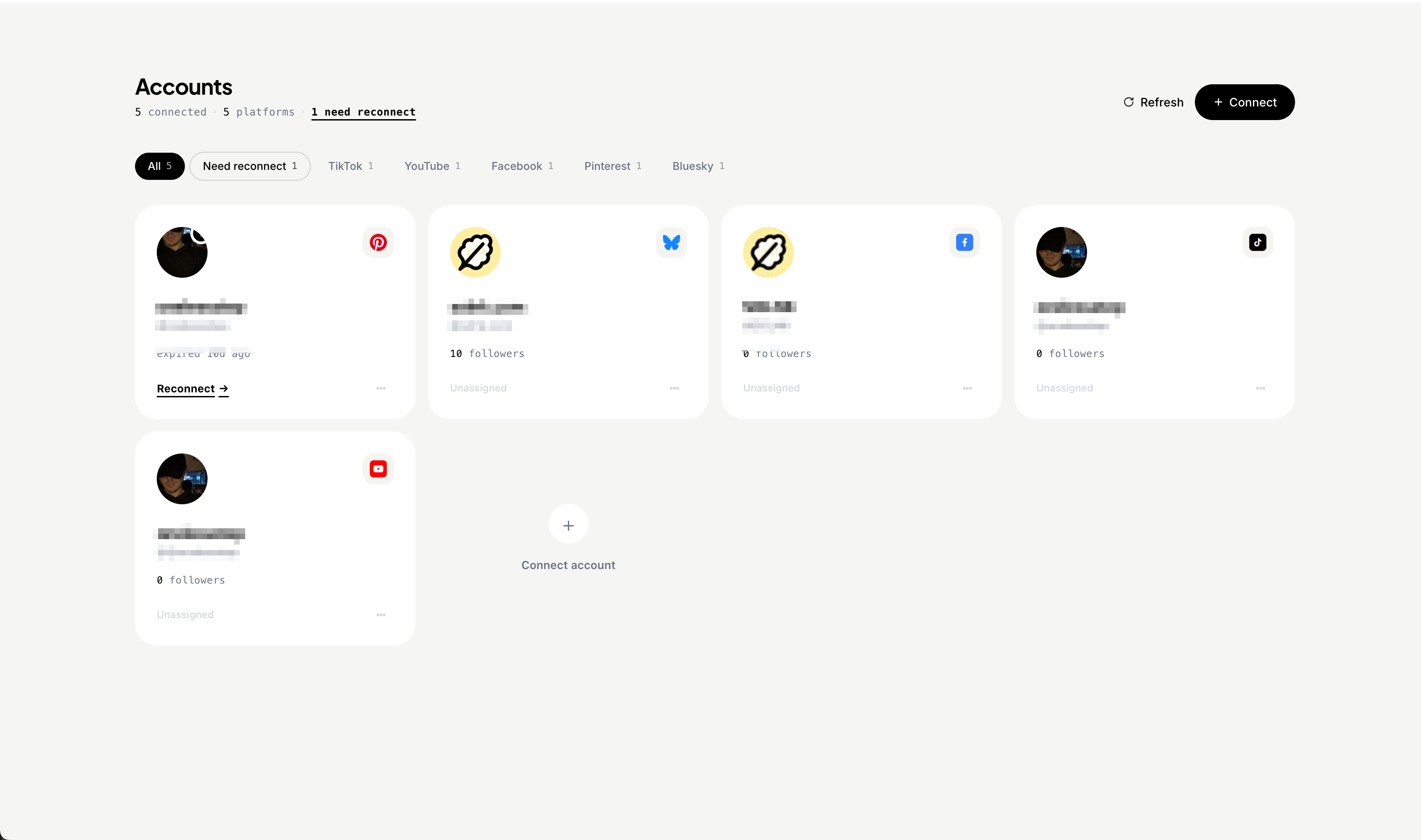 The Accounts page — five platforms connected to a single workspace, each labeled 'Unassigned' until you delegate it.