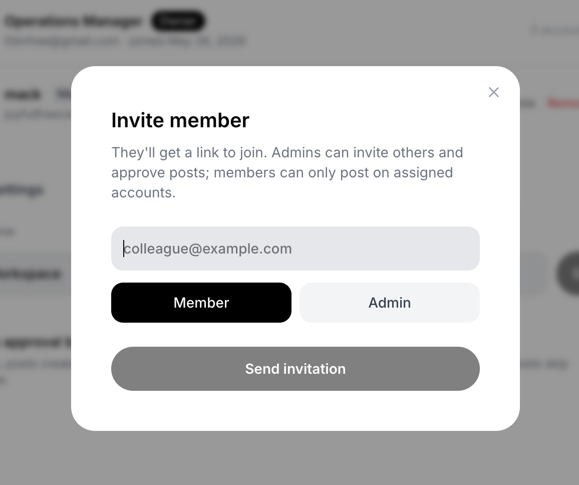 The invite modal — admin or member toggle, one input, one link to share. Members can only post on accounts you've assigned them.