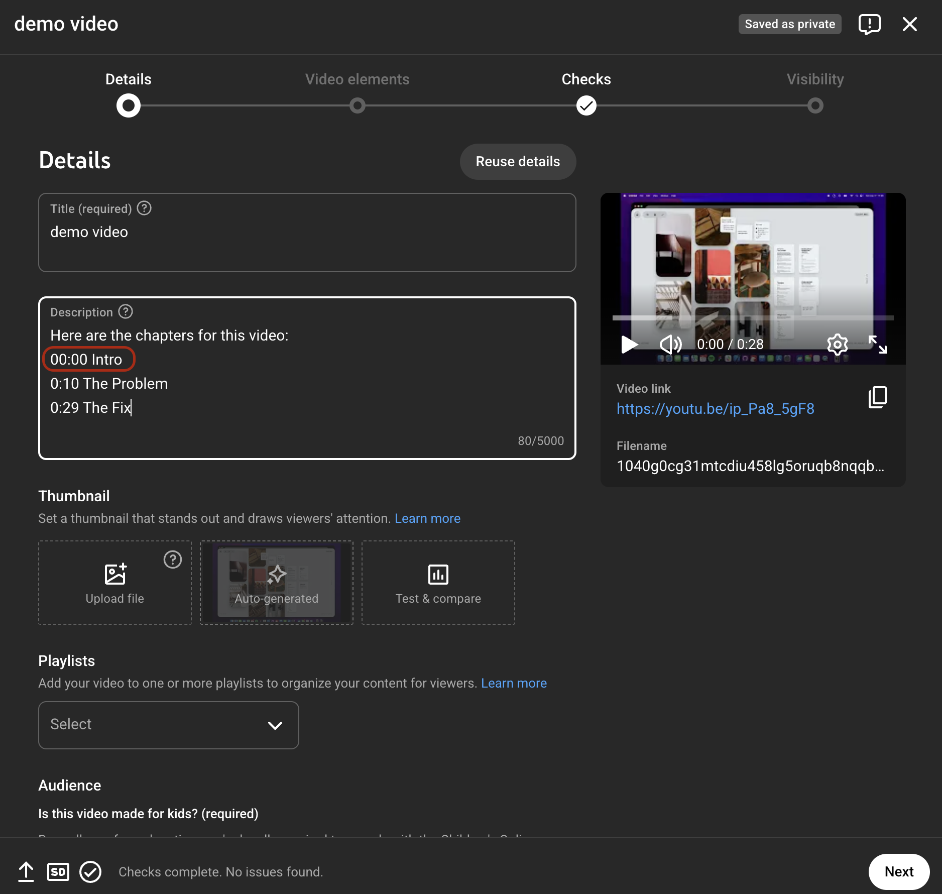YouTube Studio video details page with a valid chapter list beginning at 00:00